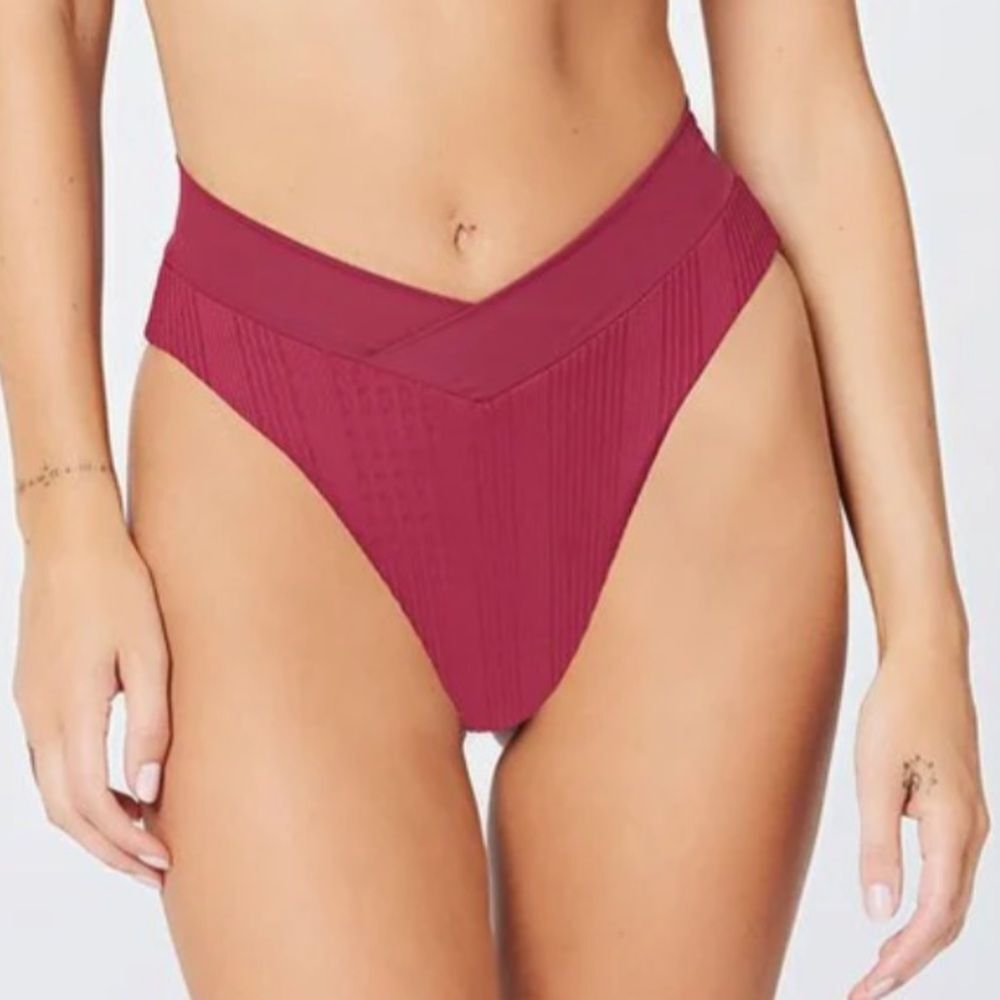 New L*Space Bitsy Cut Bikini Bottom Small Red High Waist Pointelle Rib Court